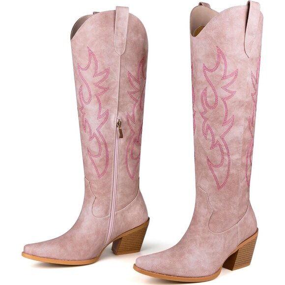 ⚡Women's Pink Knee High Cowgirl Boots with Retro Floral Embroidered Chunky Heel - Picture 2 of 5